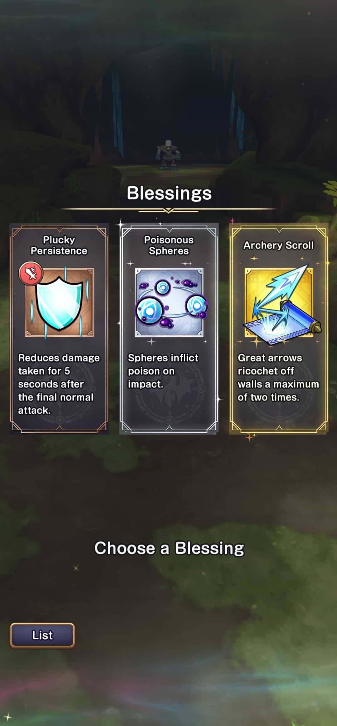 A variety of 'blessings' are on screen that display different power-ups and abilities.