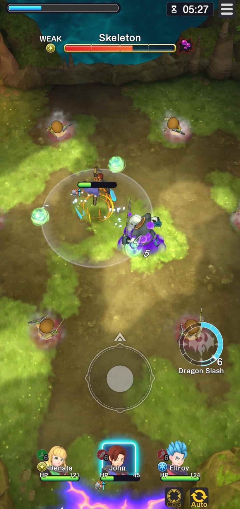 A warrior leaps into the air, about to bring his sword down on a skeleton while they fight in a cavern.