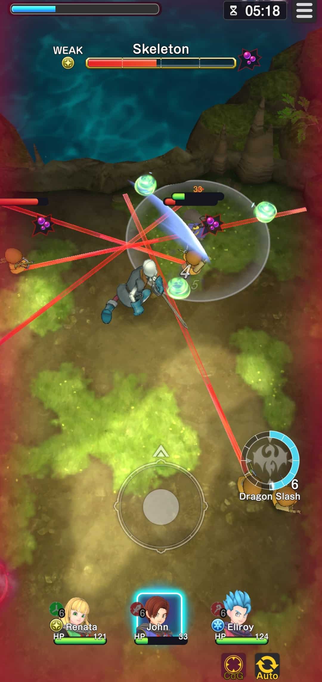 A warrior fights a skeletal monster in an underground cavern, goblin-like archers are taking aim as indicator lines appear on the floor.