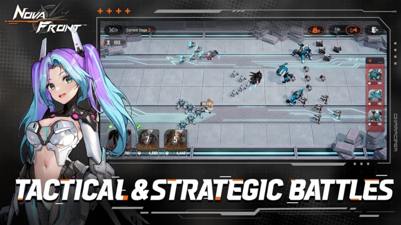 A picture of a girl in futuristic armour with multicolour hair overlaid across a screenshot of units battling on an RTS map
