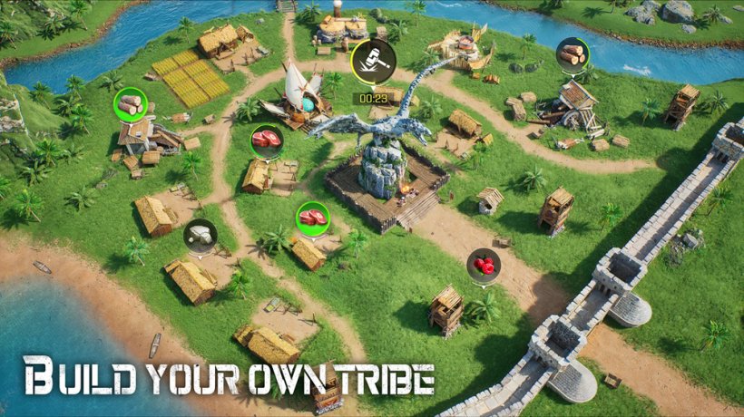 A cobbled-together village with a curtain wall surrounding it being attacked by dinosaurs