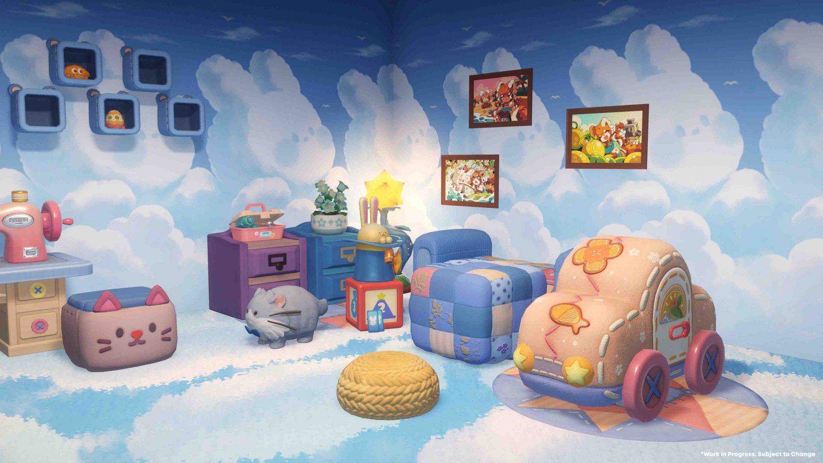 a living room filled with cute and fluffy furniture