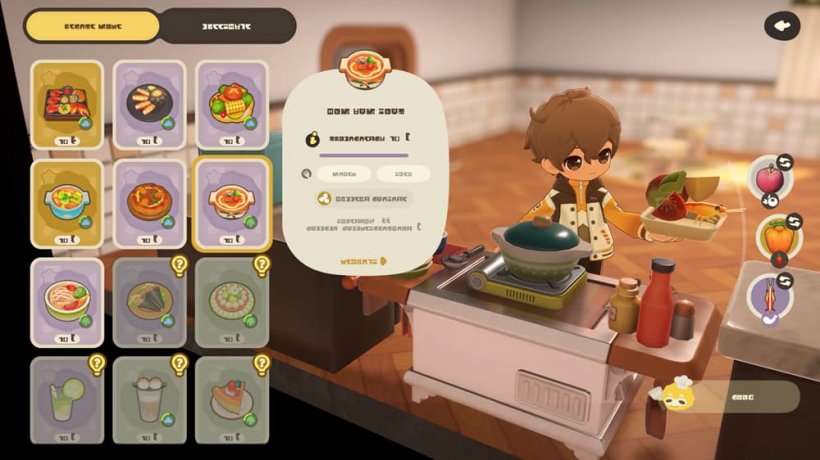 A stylised cartoon character cooks on a stove with a user interface depicting different recipes they can cook.