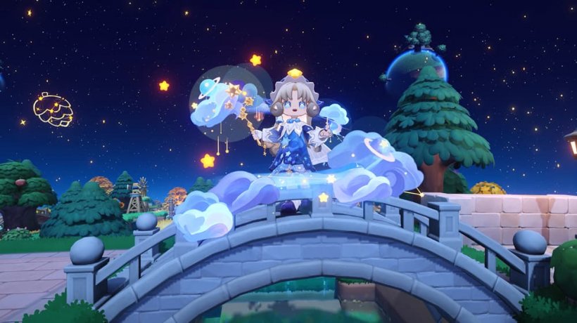 A joyful character stands on a stone bridge with arms outstretched and stellar effects flying from their arms.