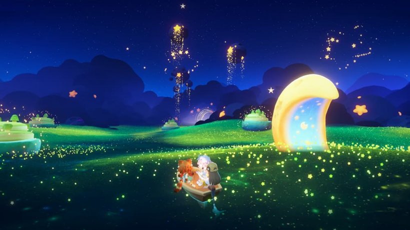 An image of a cartoonish, literal sea of stars featuring a trio of characters in a small boat sailing through it.