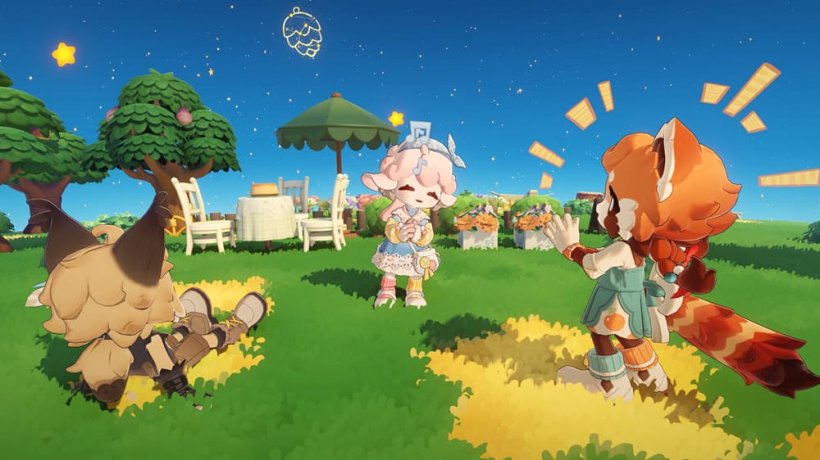 A group of cartoonish, animal-themed characters chart in a small grasslands biome amongst one another.