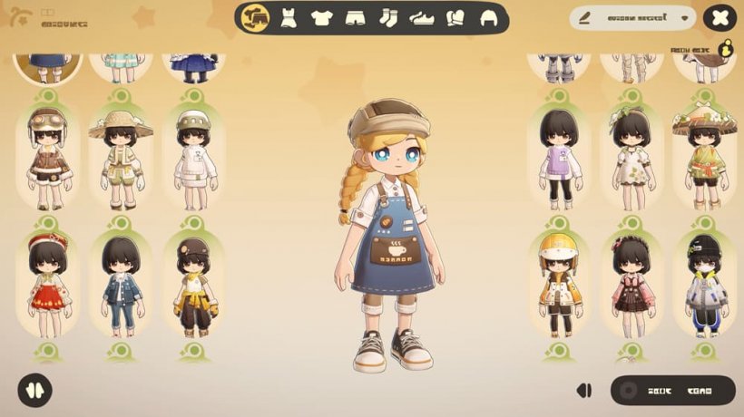 A customisation menu for a cartoonish, stylised character shows various rustic outfits they can wear.