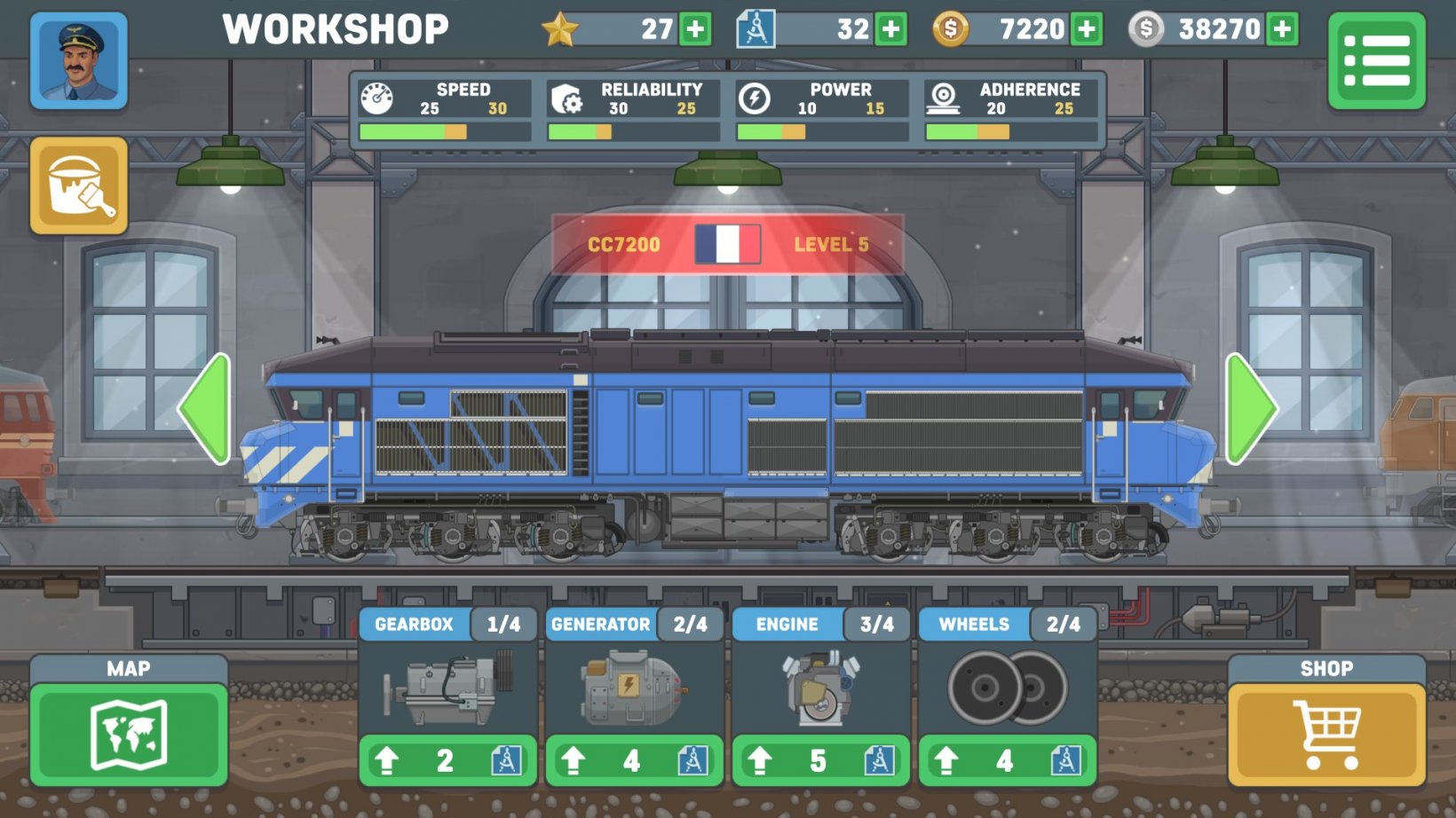 a workshop of a train simulator with a bogey on the tracks and various upgrade options
