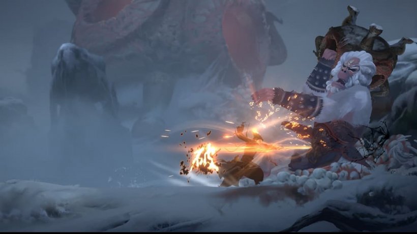 A screenshot of a man slashing at a huge monkey in a snowy background with his sword.