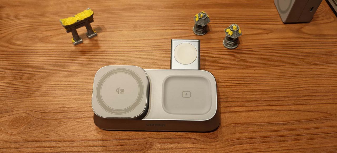 3-in-1 charger laid out on a wooden table