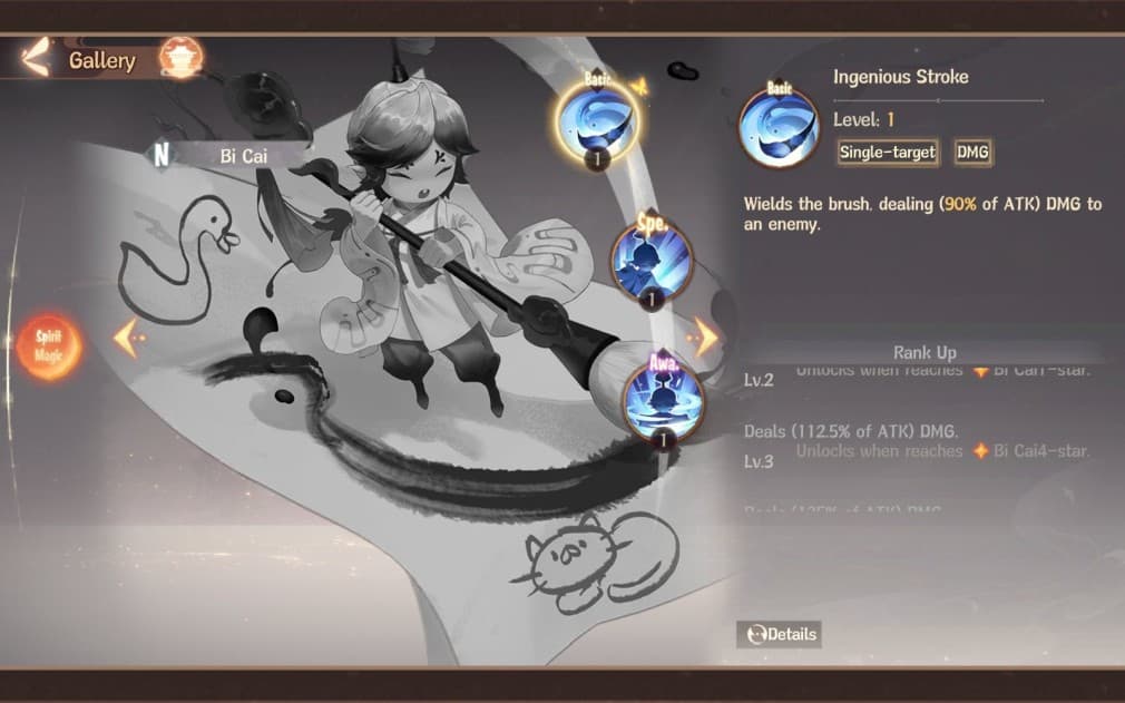 bi cai character riding a scroll and pointing a brush