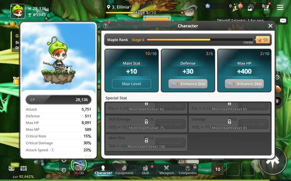 character profile with upgrades for stats and skills