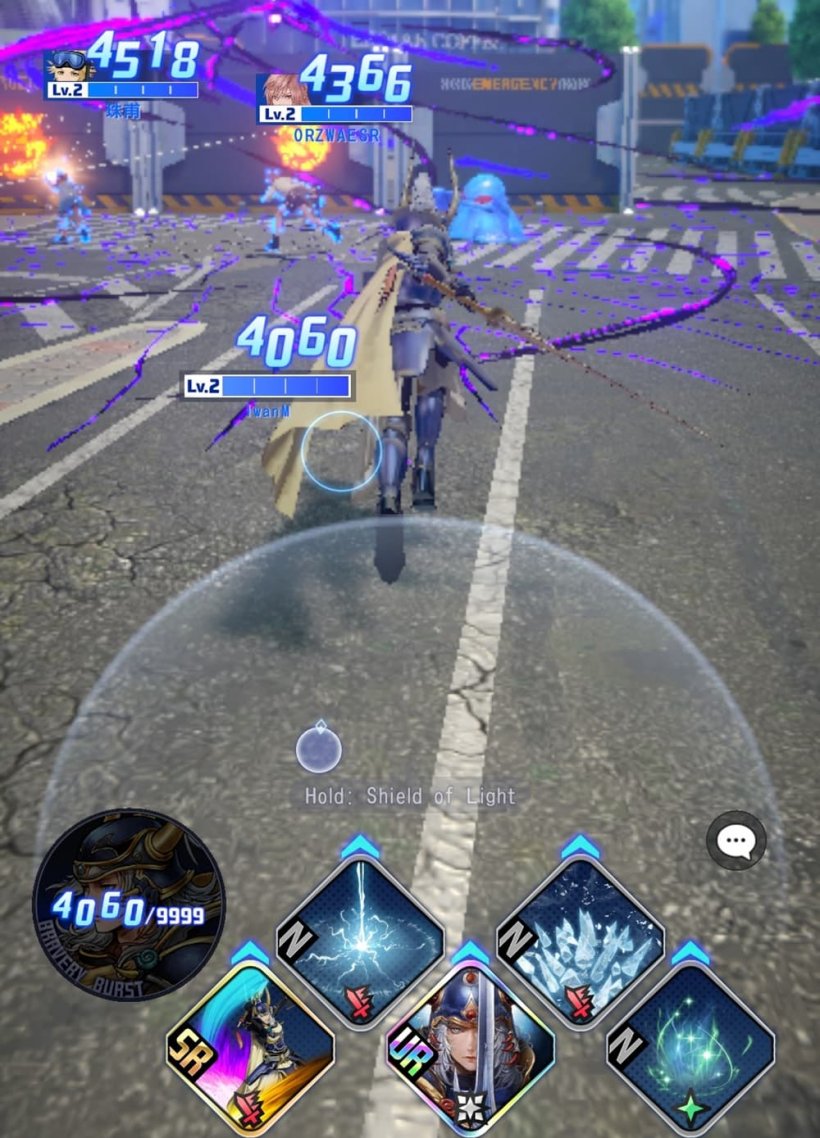 A warrior in bold blue armour charges against a monster in a modern-day Tokyo street.
