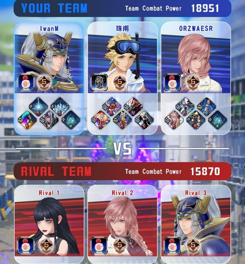 A lineup of characters, many drawn from the Final Fantasy series, shown on screen in different teams.