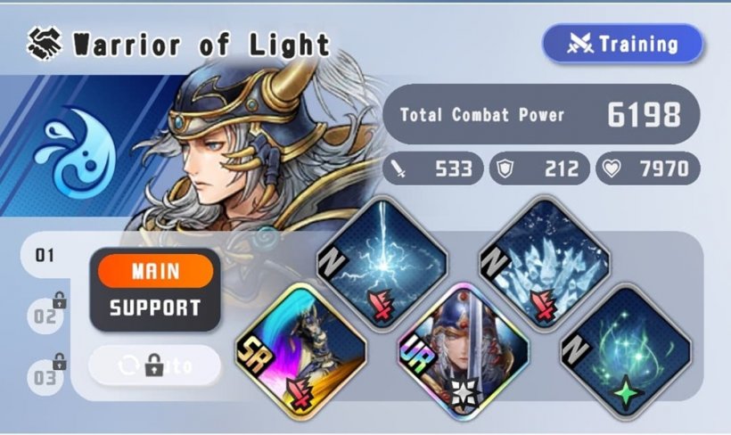 A UI featuring the horned Warrior of Light from Final Fantasy and variety of abilities in a hexagonal grid.