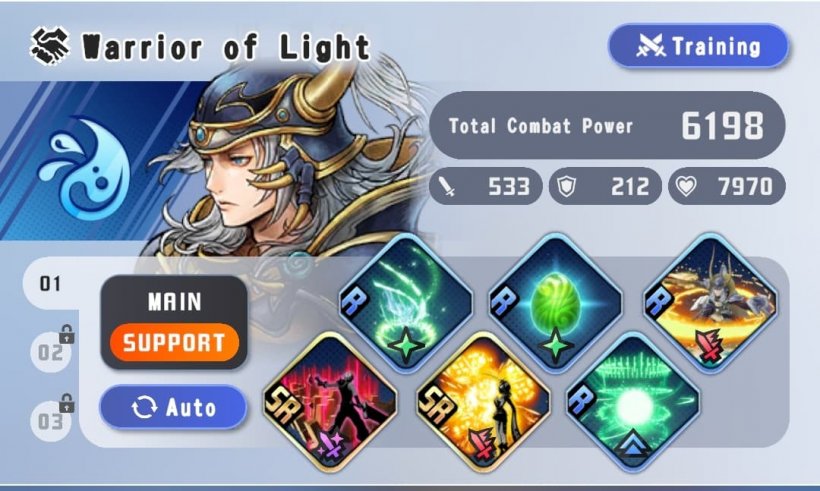 A selection of ability slots similar to the previous image featuring the Warrior of Light from Final Fantasy only this time marked support.