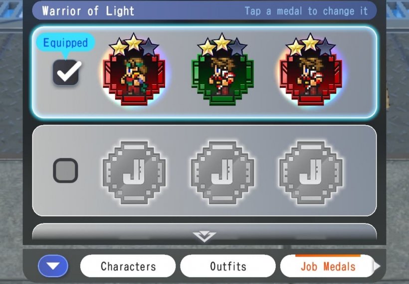 Another minimalist UI, featuring small retro-style pixel characters attached to medals with different colours and star-ratings.