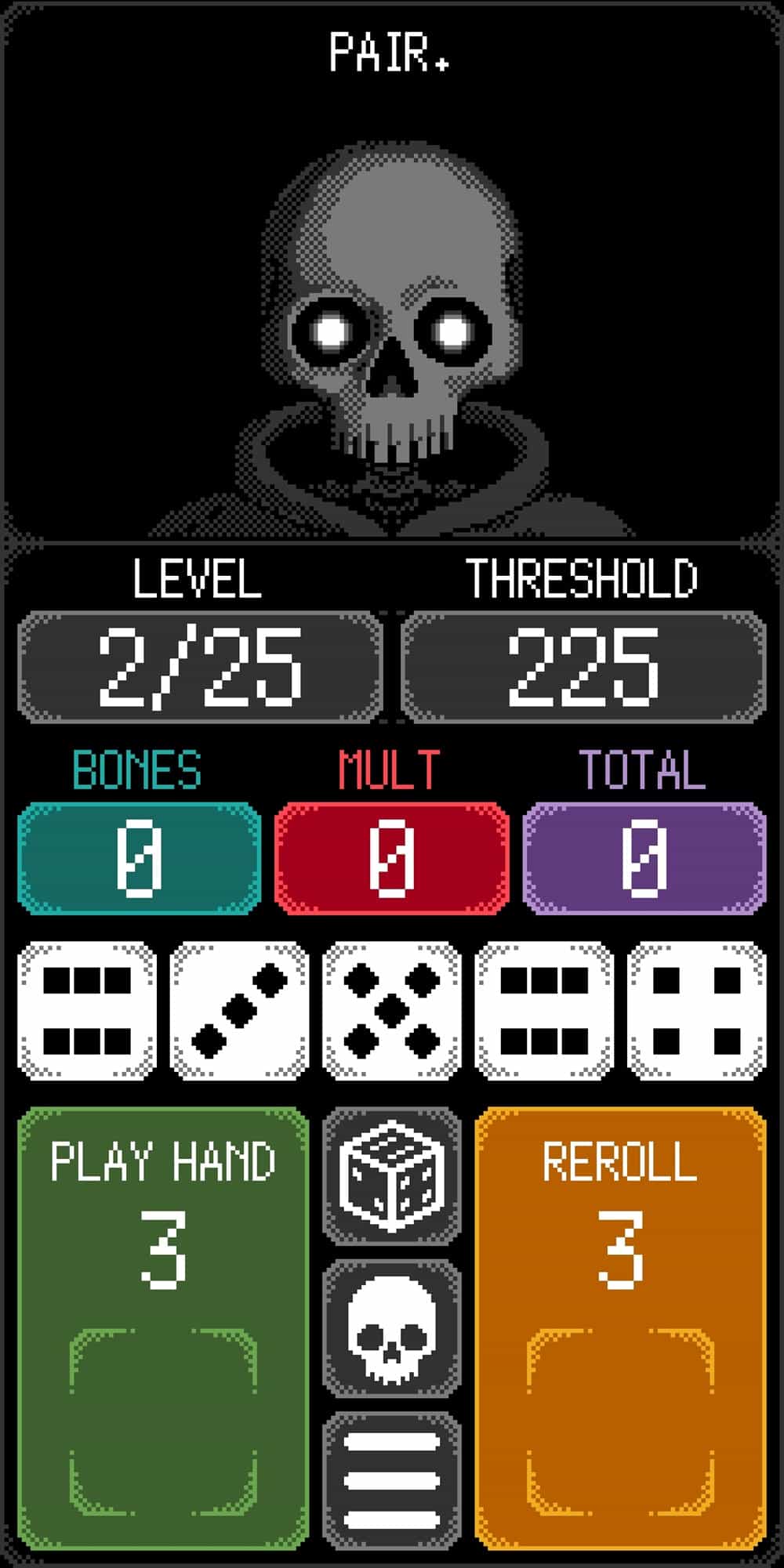 An image of a stereotypical grim reaper figure similar to earlier pictures as he stands above a UI, but this time he is informing the player that the dice they have rolled add up to a 'pair'.