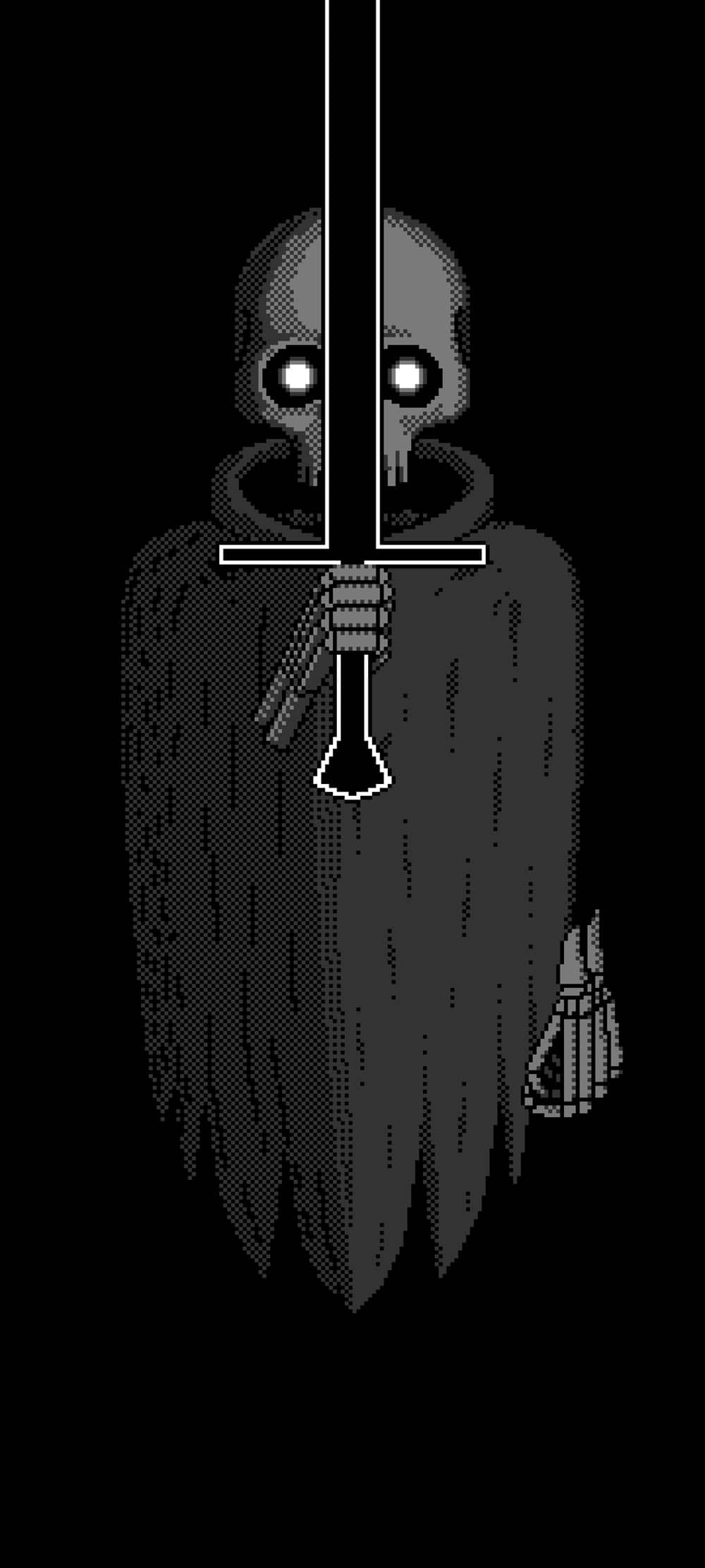 A stereotypical grim reaper figure salutes (or prepares to swing) a sword in a dark, featureless void.