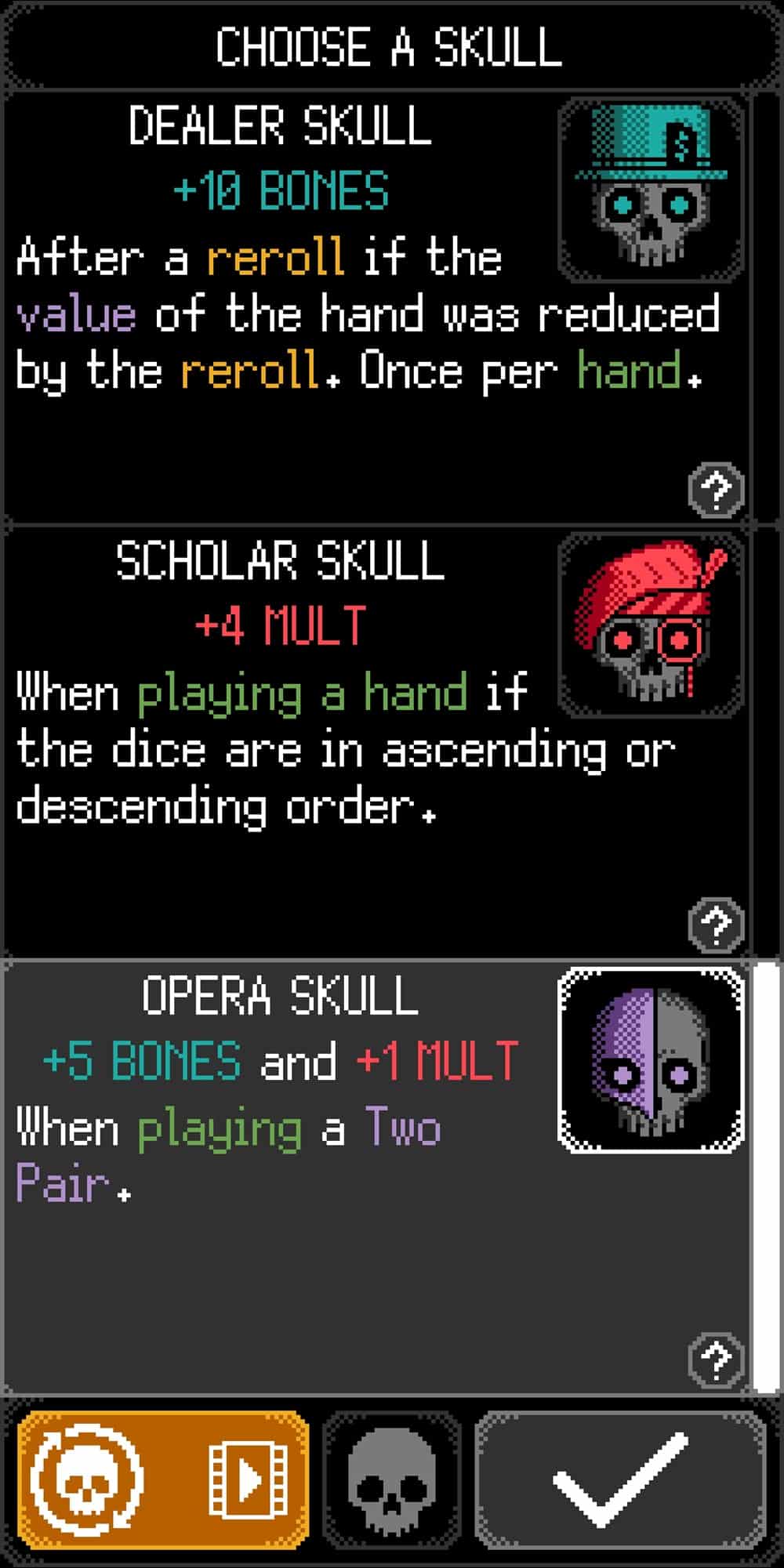 A UI showing modifiers named 'Skulls' and depicted as such with various effects, some of the skulls wear accessories.