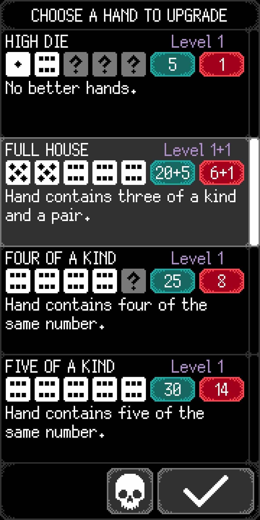 A variety of 'hands' shown featuring dice arranged to resemble poker hands, with one highlighted to 'upgrade' it.