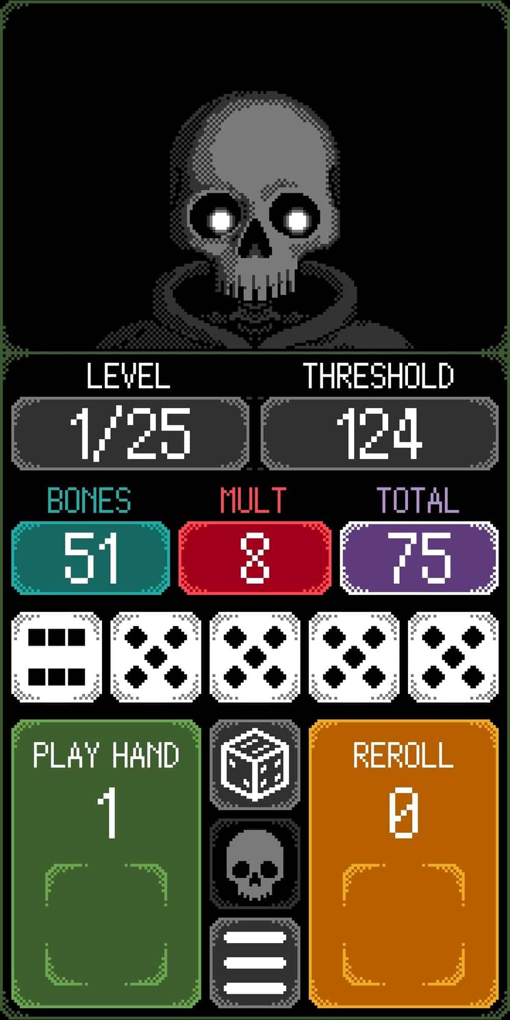 A stereotypical grim reaper figure with a skull for a face looks down at a UI involving a dice game.