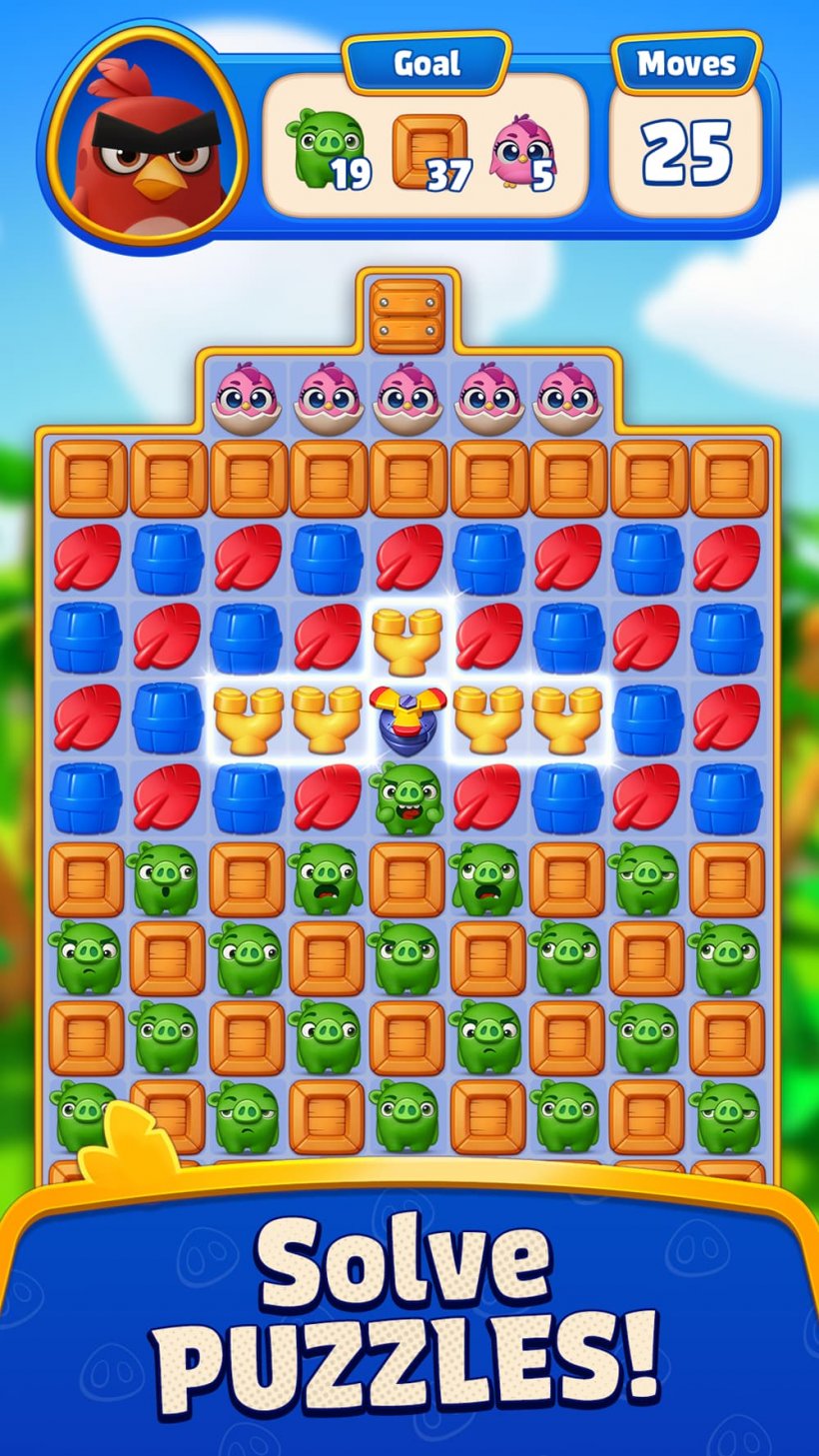 An image of match-three gameplay where coloured jewels are crushed while Red from Angry Birds looks on.