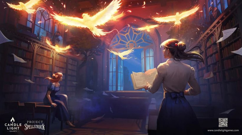 Two young women in a library observe magical phenomena in the shape of a bird.