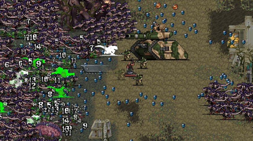 A large battle tank charges through hordes of strange insectoid aliens.