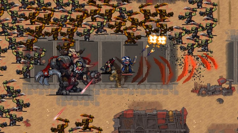 A power-armoured Space Marine battles with sci-fi Orks, led by a particularly large example.