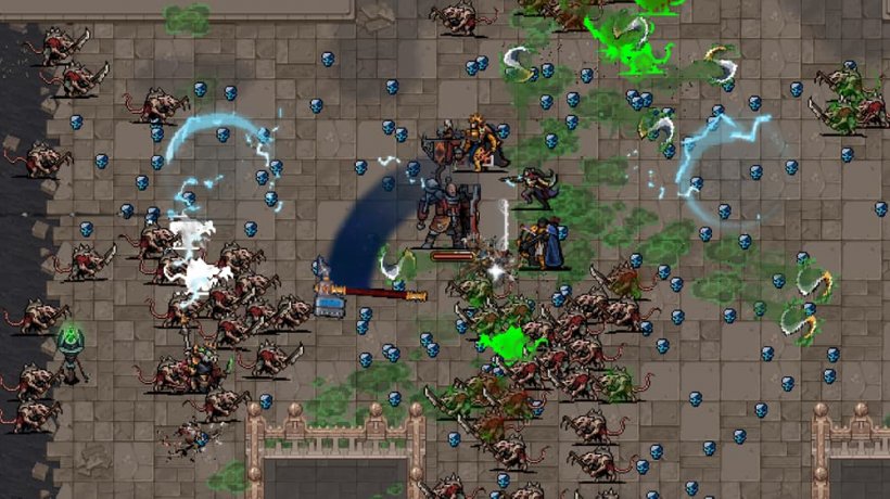 Golden armoured Stormcast Eternals wade through enemies, swinging an enormous hammer into the horde.