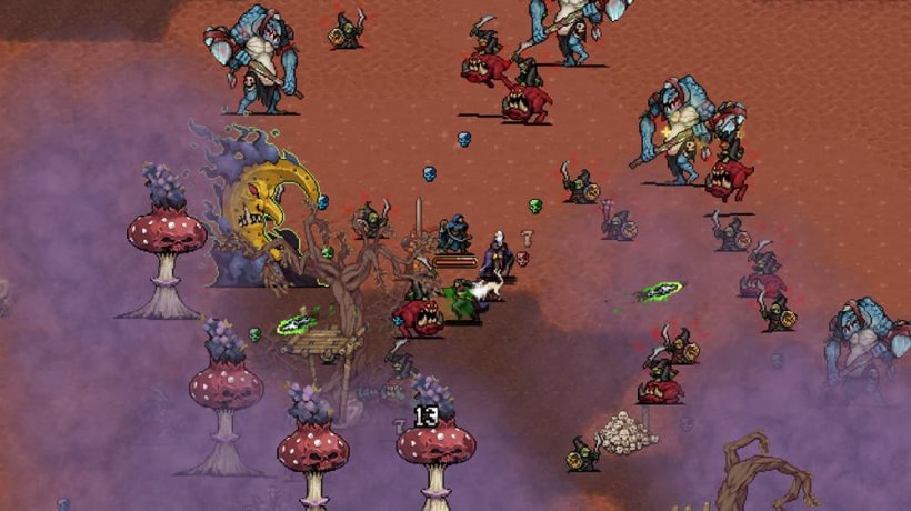 Armoured warriors battle strange, troll-like creatures as giant mushrooms also advance on them.