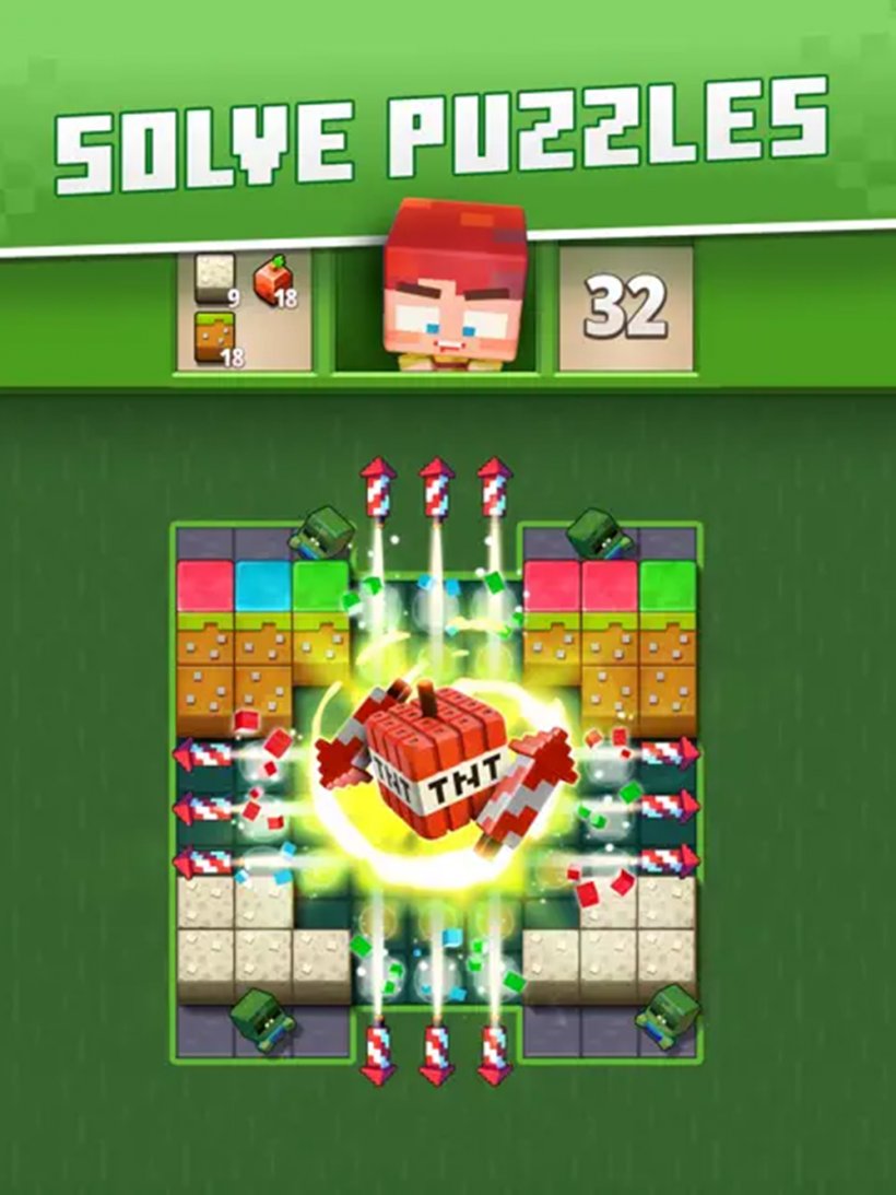 An image of match-three gameplay themed after the hit survival crafting game Minecraft.