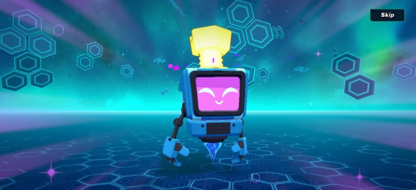 A little robot with a purple face and a bolt in their head is smiling