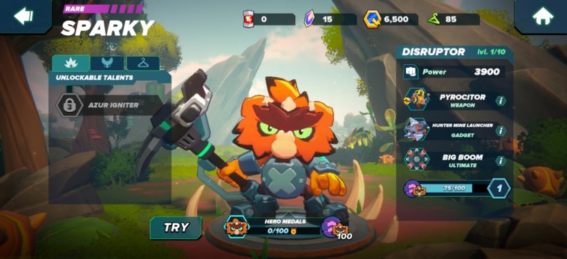 Sparky's profile screen, showing their weapon, gadget and ultimate