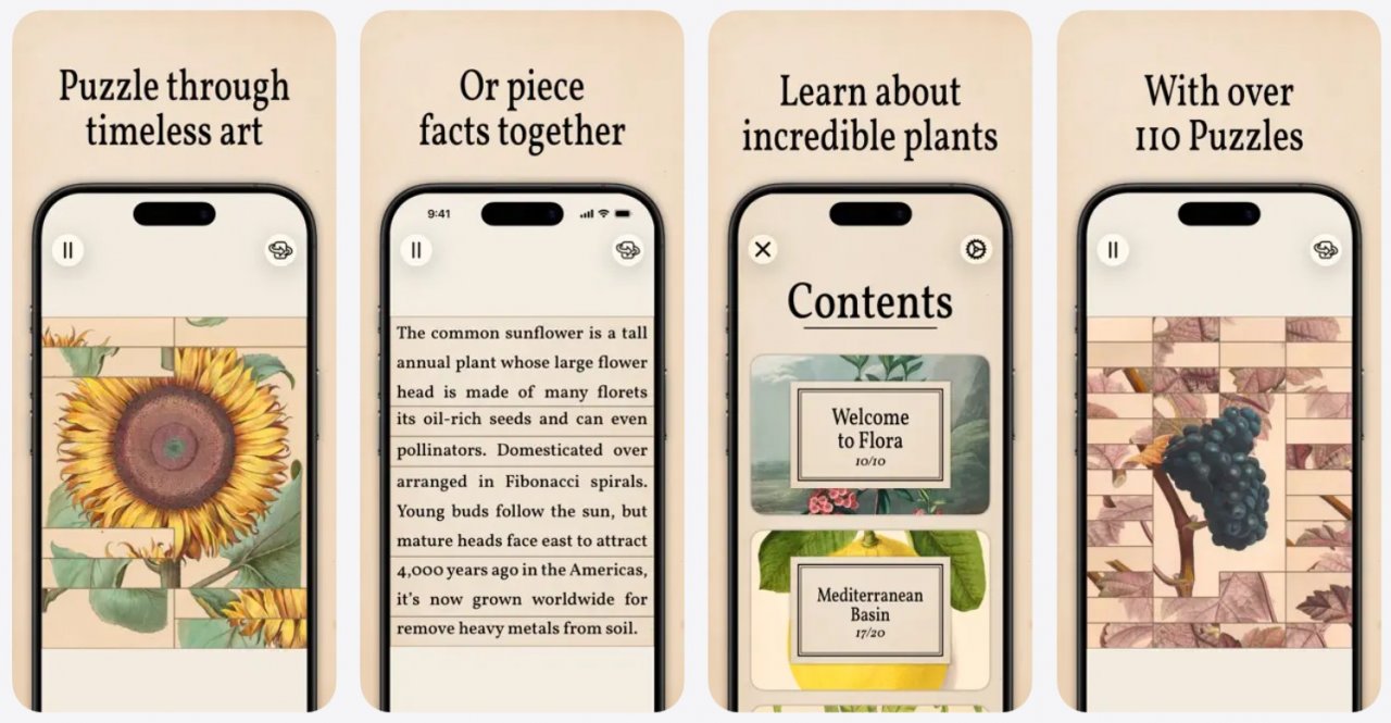 screenshots of puzzles featuring fruits and flowers and information about them