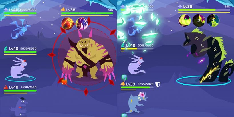 Side by side screenshots of voidpets battling bosses BOgar and Krakoth
