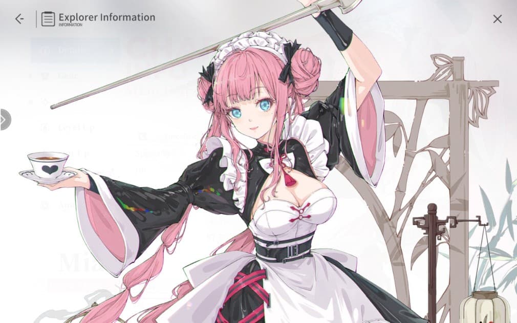 miao pink haired maid girl holding a cup of tea
