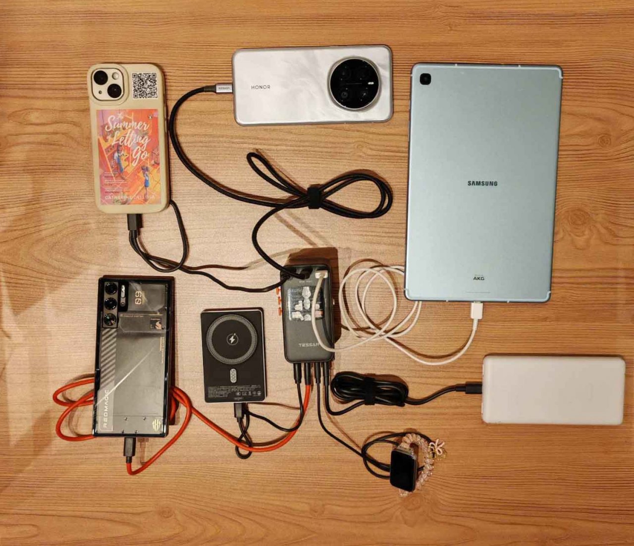 a travel adapter with multiple devices plugged in