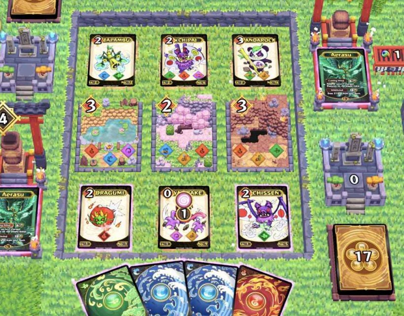a battlefield with card decks on a green background