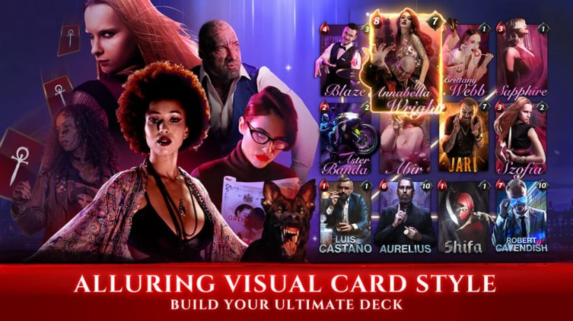A group of edgy-looking individuals in the vampiric fashion, some emblazoned on cards with the text 'alluring visual card style'