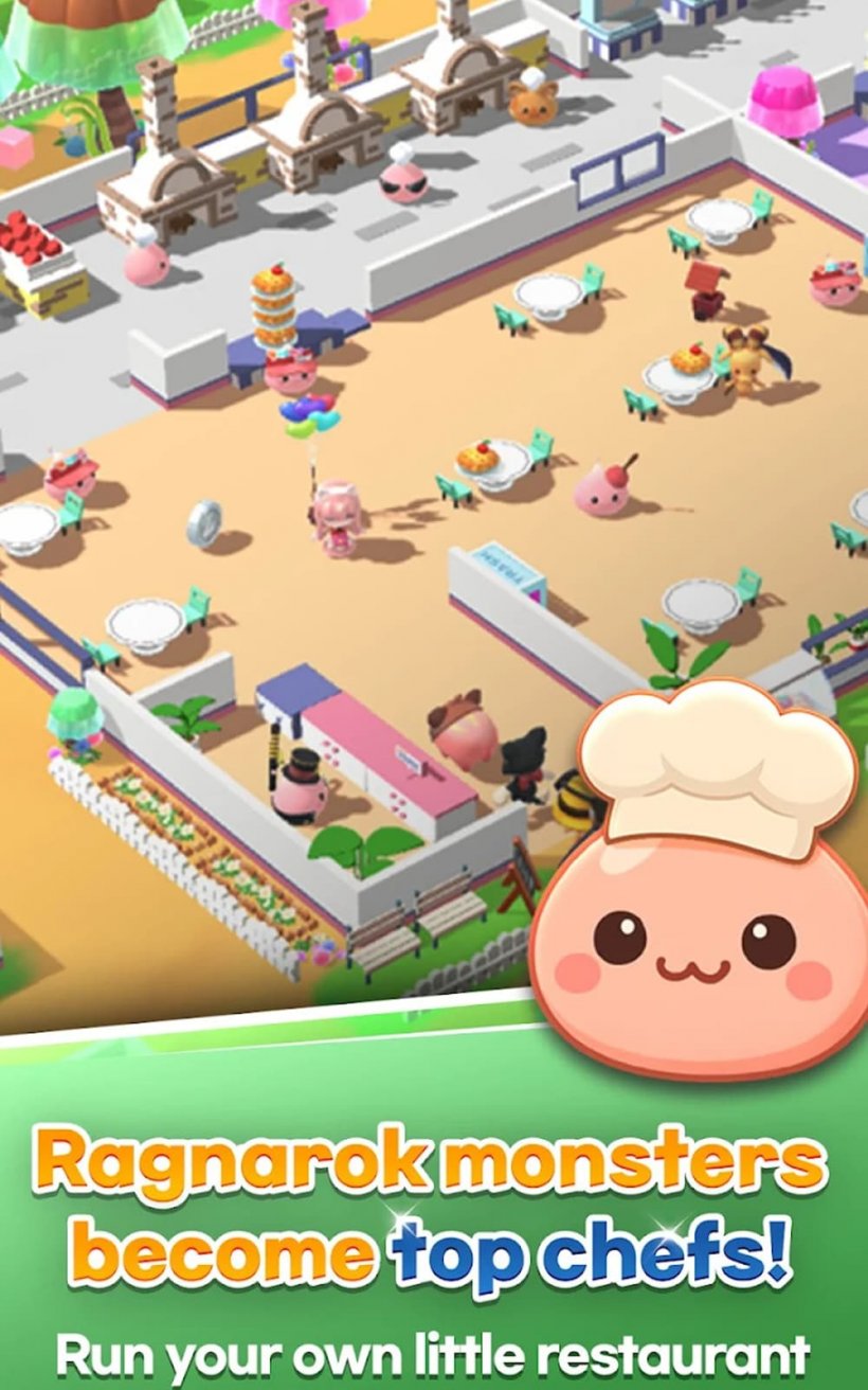 A picture of a small slime-like creature over gameplay of a restaurant running in the background.