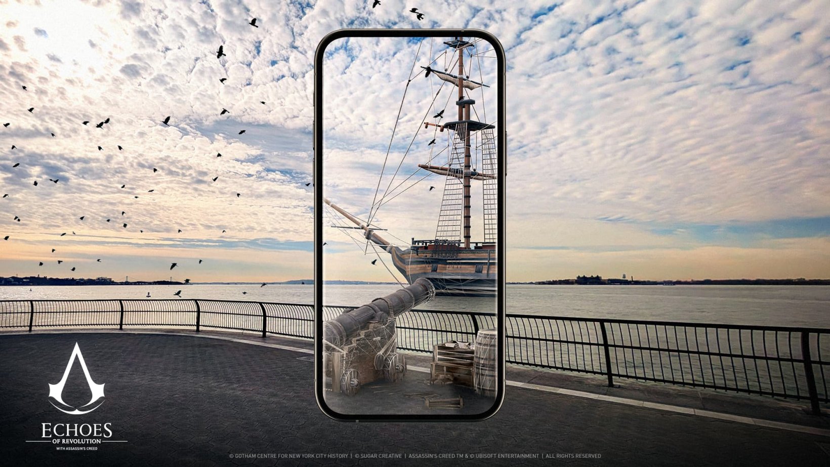 A picture of a harbour with someone holding up their phone inset. The phone screen shows a cannon and sailing ship overlaid on the real-world background.