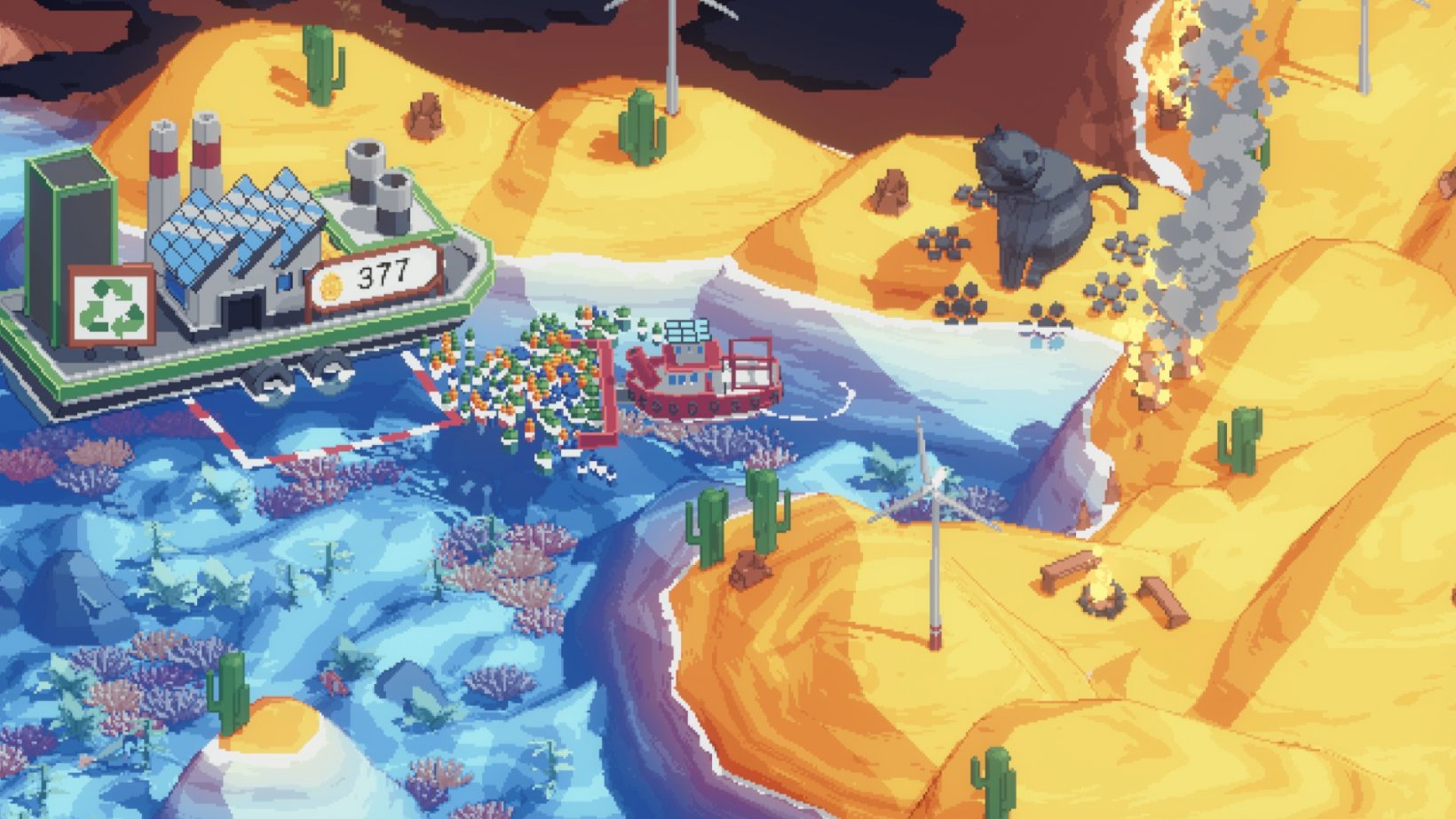 a boat clearing an oil spill near a factory at the coast of an ocean