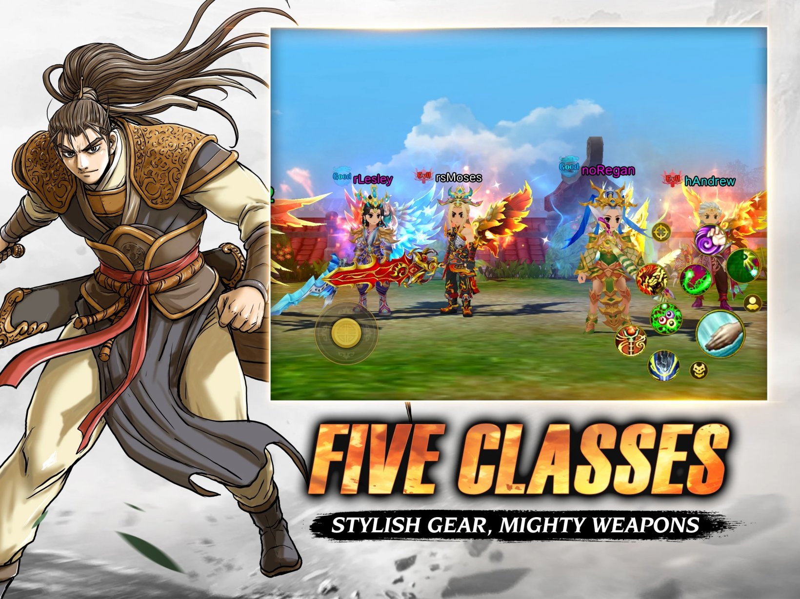 multiple characters standing together with large swords