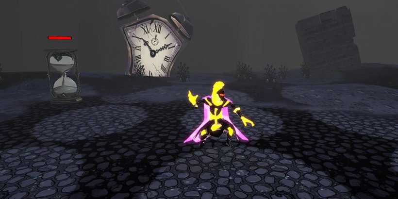 Puppeteer boss standing near an hourglass and a clock