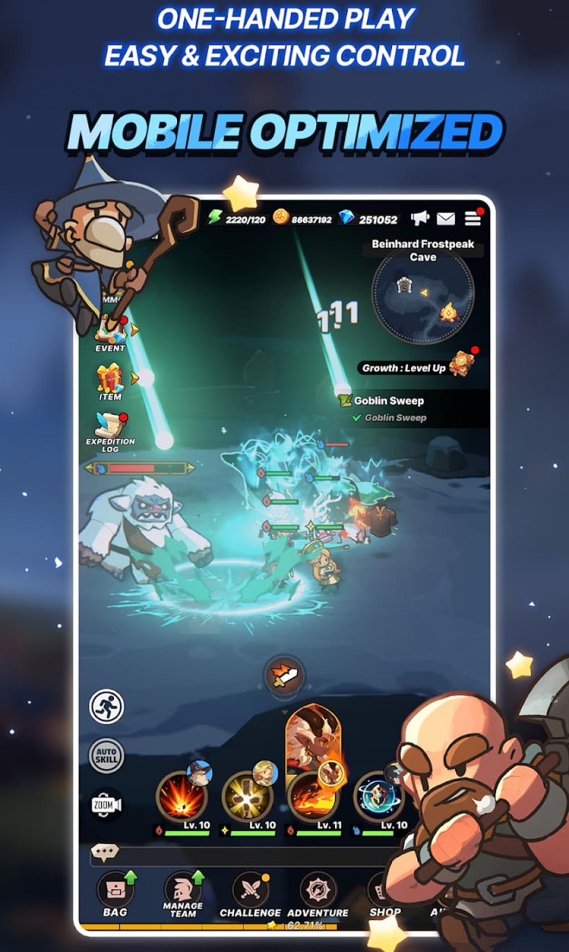 An image of mobile gameplay for the fantasy RPG Pepp Heroes with the tagline 'mobile optimised'