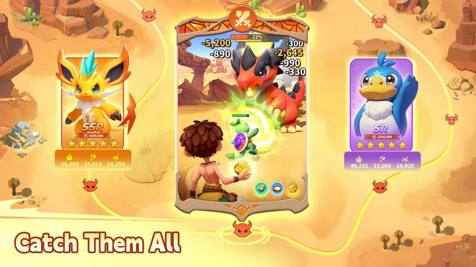 a boy battling a red dragon in the desert with another monster creature