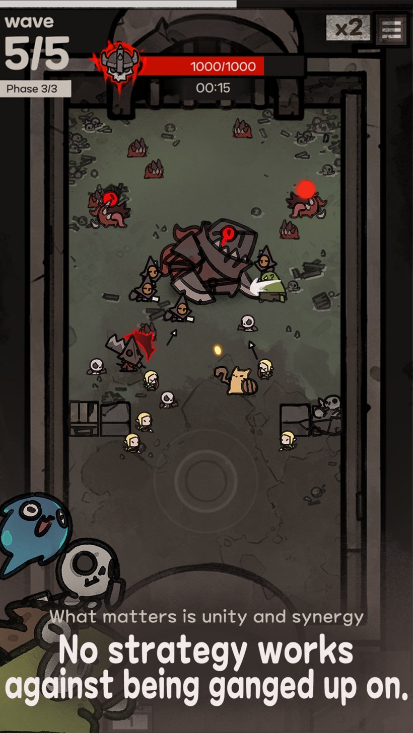 A screenshot of gameplay showing small adventurers in isometric perspective battling a much larger monster