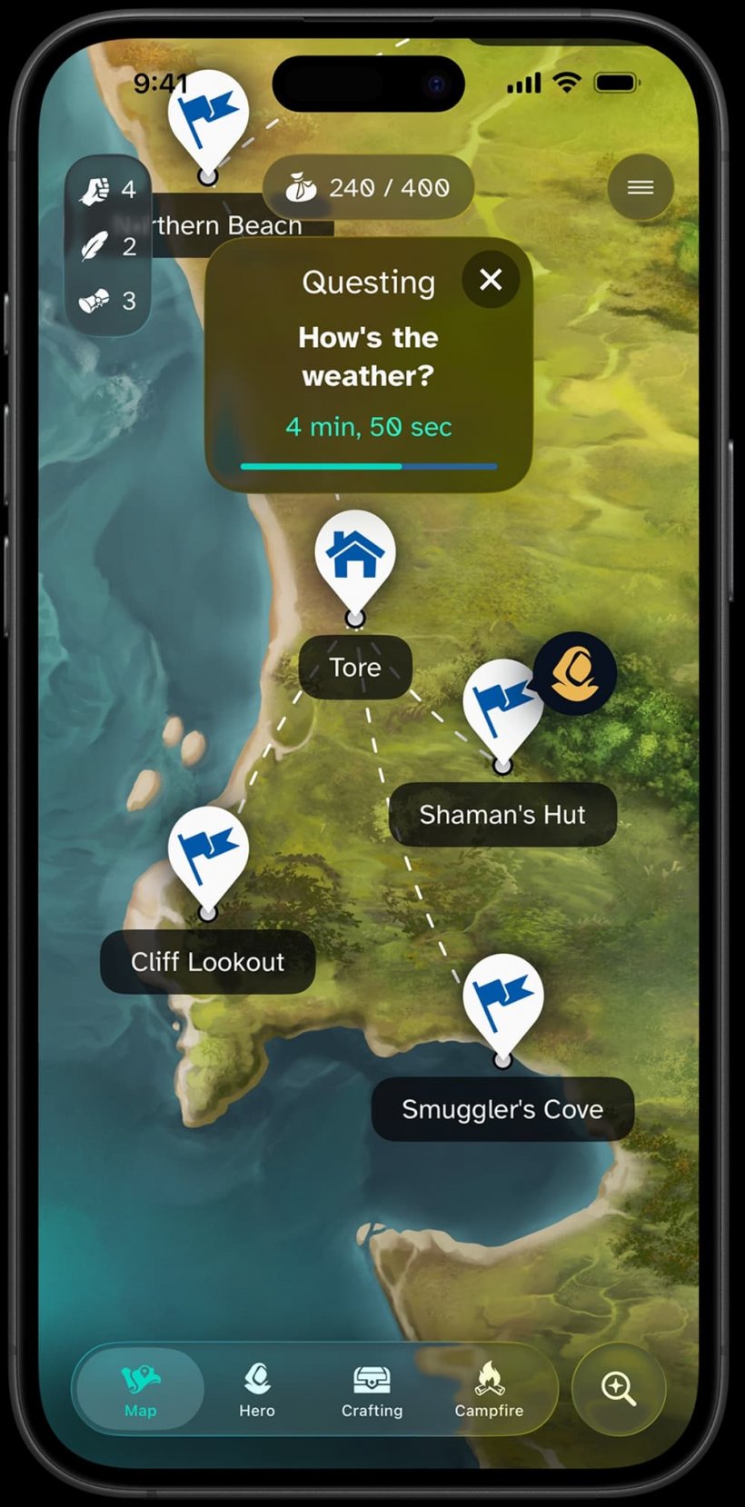 A screenshot of a world map with various text boxes indicating events and showing a path through the wilderness, in a semi-realistic drawn style.
